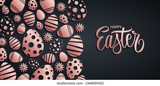 Happy Easter celebrate background with handwritten easter holiday greetings and rose gold easter eggs. Vector illustration.