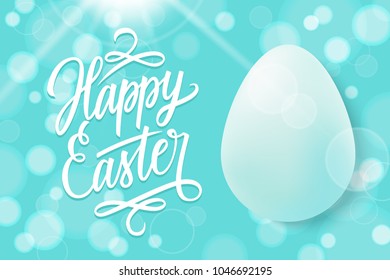 Happy Easter celebrate banner with easter egg, hand lettering text design and blue bokeh background. Vector illustration.