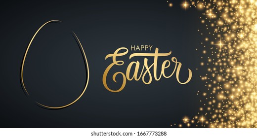 Happy Easter celebrate banner with gold easter egg, hand lettering text design and golden glittering sparks. Luxury holiday background. Vector illustration.