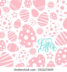 Happy Easter celebrate card with handwritten easter holiday greetings and pink easter eggs. Vector illustration.