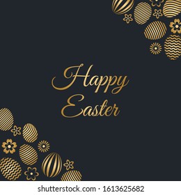 Happy Easter celebrate card with easter holiday greeting and gold colored easter eggs. Flat vector stock illustration