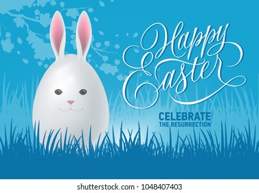 Happy Easter celebrate the resurrection lettering with bunny egg on blue background. Greeting card, postcard, invitation. Easter holiday concept. Can be used for posters, leaflets and brochure