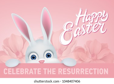 Happy Easter celebrate the resurrection lettering with bunny and flowers on pink background. Greeting card, postcard, invitation. Easter holiday concept. Can be used for posters, leaflets and brochure