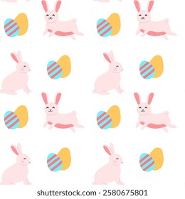 Happy easter celebration with adorable bunnies and colorful geometric eggs pattern design.