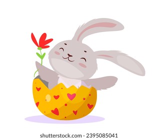 Happy Easter Celebration. Adorable bunny sits in egg shell and holds spring flower. Traditional Design element for greeting card. Cartoon flat vector illustration isolated on white background