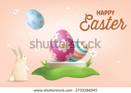 Happy Easter Celebration Background With Cute Rabbit and Colorful Eggs On Pink Background. Spring Season Sale Concept For E-commerce Sale, Greetings, Poster, Banner.
