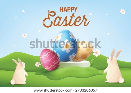 Happy Easter Celebration Background With Cute Rabbits and Colorful Eggs. Spring Season Sale Concept For E-commerce Sale, Greetings, Poster, Banner.