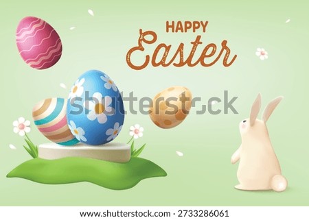Happy Easter Celebration Background With Cute Rabbit and Colorful Eggs On Green Background. Spring Season Sale Concept For E-commerce Sale, Greetings, Poster, Banner.