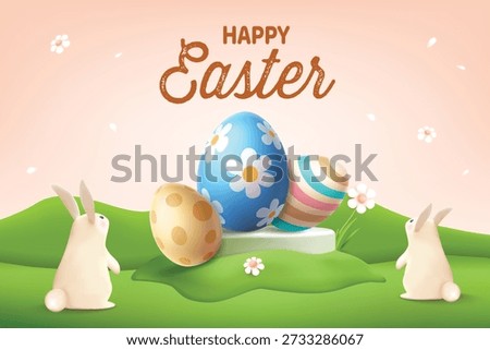 Happy Easter Celebration Background With Cute Rabbits and Colorful Eggs. Spring Season Sale Concept For E-commerce Sale, Greetings, Poster, Banner.