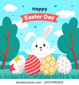 Happy Easter Celebration Background Template. Easter Day with Rabbit and Eggs Illustration for Social Media