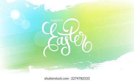 Happy Easter celebration banner with hand lettering, spring sun and white brush strokes for Easter holiday greetings and invitations. Vector illustration.