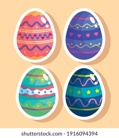happy easter celebration bundle of four eggs painted vector illustration design