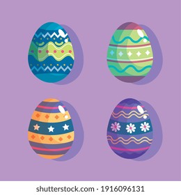 happy easter celebration bundle of four eggs vector illustration design