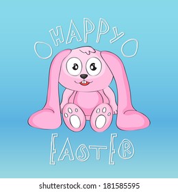 Happy Easter celebration card with cute little bunny and stylish text on shiny blue background, can be use as flyer, banner or poster. 