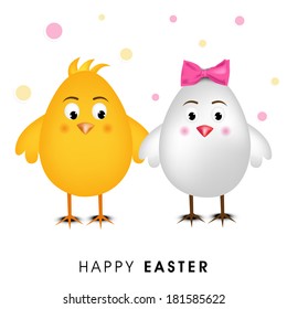 Happy Easter celebration card design with chicken birds on abstract background.