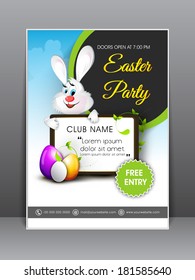 Happy Easter celebration card design with bunny holding banner for your message and glossy eggs on grey background. 