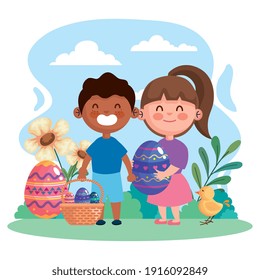 happy easter celebration card with eggs and interracial little kids couple vector illustration design