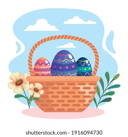 happy easter celebration card with eggs in basket garden scene vector illustration design