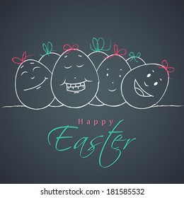Happy Easter celebration card with happy faces decorated on easter eggs on grey background. 