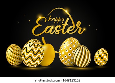 Feliz tarjeta de celebración de Pascua con huevos de Pascua decorados de oro. El afiche con el texto dorado Feliz Pascua sobre fondo negro. Ilustración vectorial. Diseño de plantilla de tarjeta de felicitación. 