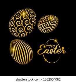 Happy Easter celebration card with golden decorated easter egg. The poster with the golden text Happy Easter on a black background. Vector Illustration. Greeting card template design. 