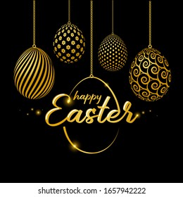 Happy Easter celebration card with golden decorated easter eggs. The poster with the golden text Happy Easter on a black background. Vector Illustration. Greeting card template design. 