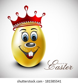 Happy Easter celebration card with golden Easter egg in king crown on grey background. 