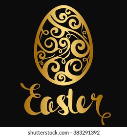 Happy Easter celebration card with golden floral design decorated easter egg. Golden floral decorative egg. Easter lettering. The poster with the golden text Easter on a black background.