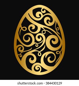 Happy Easter celebration card with golden floral design decorated easter egg. Golden floral decorative egg. Vector illustration