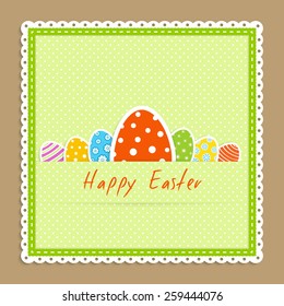 Happy easter celebration card - green textile napkin with many big and little easter colorful egg lie on beige backdrop vector illustration in applique style