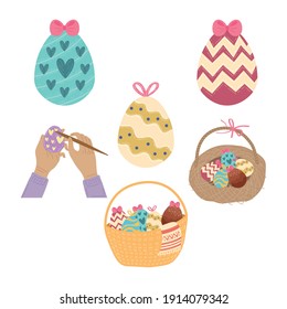 happy easter celebration card with hands painted eggs and basket vector illustration design