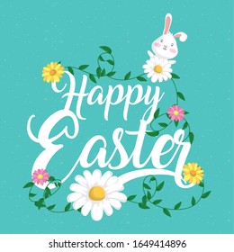 happy easter celebration card with lettering and flowers vector illustration design