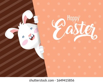 tarjeta feliz de celebración de Pascua con letras y diseño de ilustración vectorial de conejo