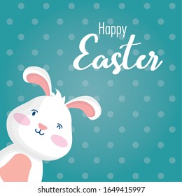 happy easter celebration card with lettering and rabbit vector illustration design