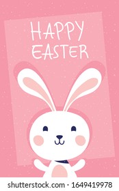 tarjeta feliz de celebración de Pascua con letras y diseño de ilustración vectorial de conejo