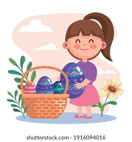 happy easter celebration card with little girl lifting eggs in basket vector illustration design