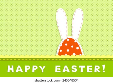 Happy easter celebration card - part of bunny with long ears on retro green and yellow background, textile applique,  vector illustration