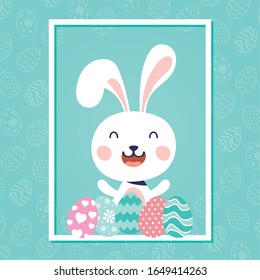 happy easter celebration card with rabbit and eggs painted vector illustration