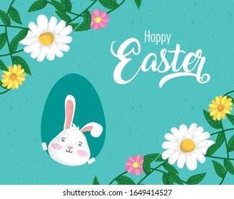 happy easter celebration card with rabbit and flowers vector illustration design