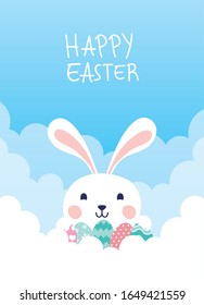 happy easter celebration card with rabbit and eggs painted vector illustration