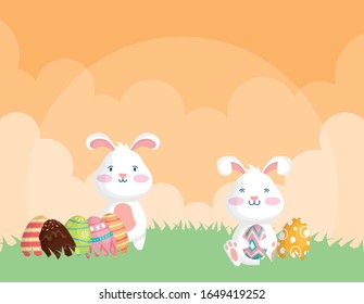 happy easter celebration card with rabbits and eggs painted vector illustration