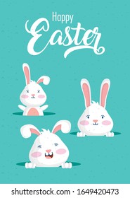 happy easter celebration card with rabbits characters vector illustration design