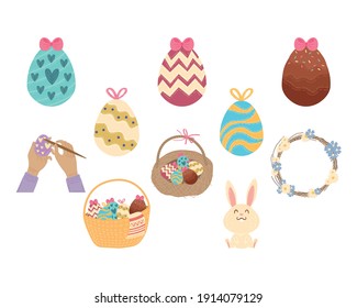 happy easter celebration card with set icons vector illustration design