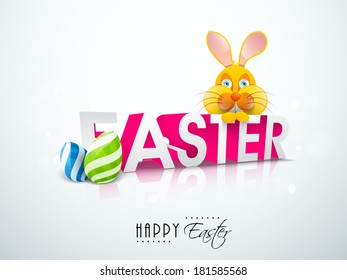 Happy Easter celebration card with stylish text Easter, cute bunny and decorated eggs on shiny grey background. 