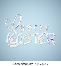 Feliz tarjeta de celebración de Pascua con elegante texto colorido y diseño de conejito sobre fondo azul. 