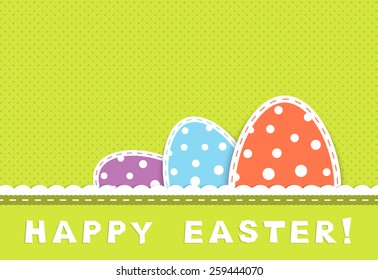 Happy easter celebration card with three colorful eggs in retro colors, textile and paper applique, vector illustration