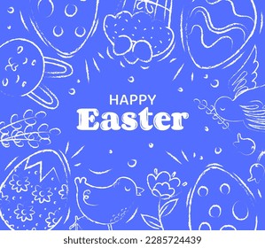 Happy Easter celebration. Chalk drawing of Easter cake, eggs, hare and bird. Design element for greeting and invitation card. Traditional religious spring festival. Cartoon flat vector illustration