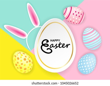 Happy easter. Celebration. Colorful easter egg and Bunny Headband on colorful pastels paper background with frame ,light and shadow . Vector.