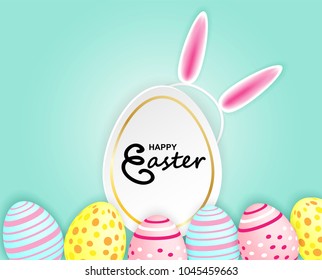 Happy easter. Celebration. Colorful easter egg and Bunny Headband on colorful pastels paper background with frame ,light and shadow . Vector.