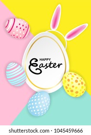 Happy easter. Celebration. Colorful easter egg and Bunny Headband on colorful pastels paper background with frame ,light and shadow . Vector.